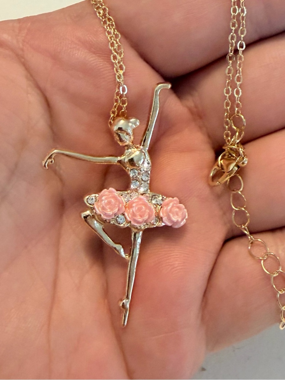 Gold Ballet Pink Floral Dancer Necklace. - Picture 5 of 7